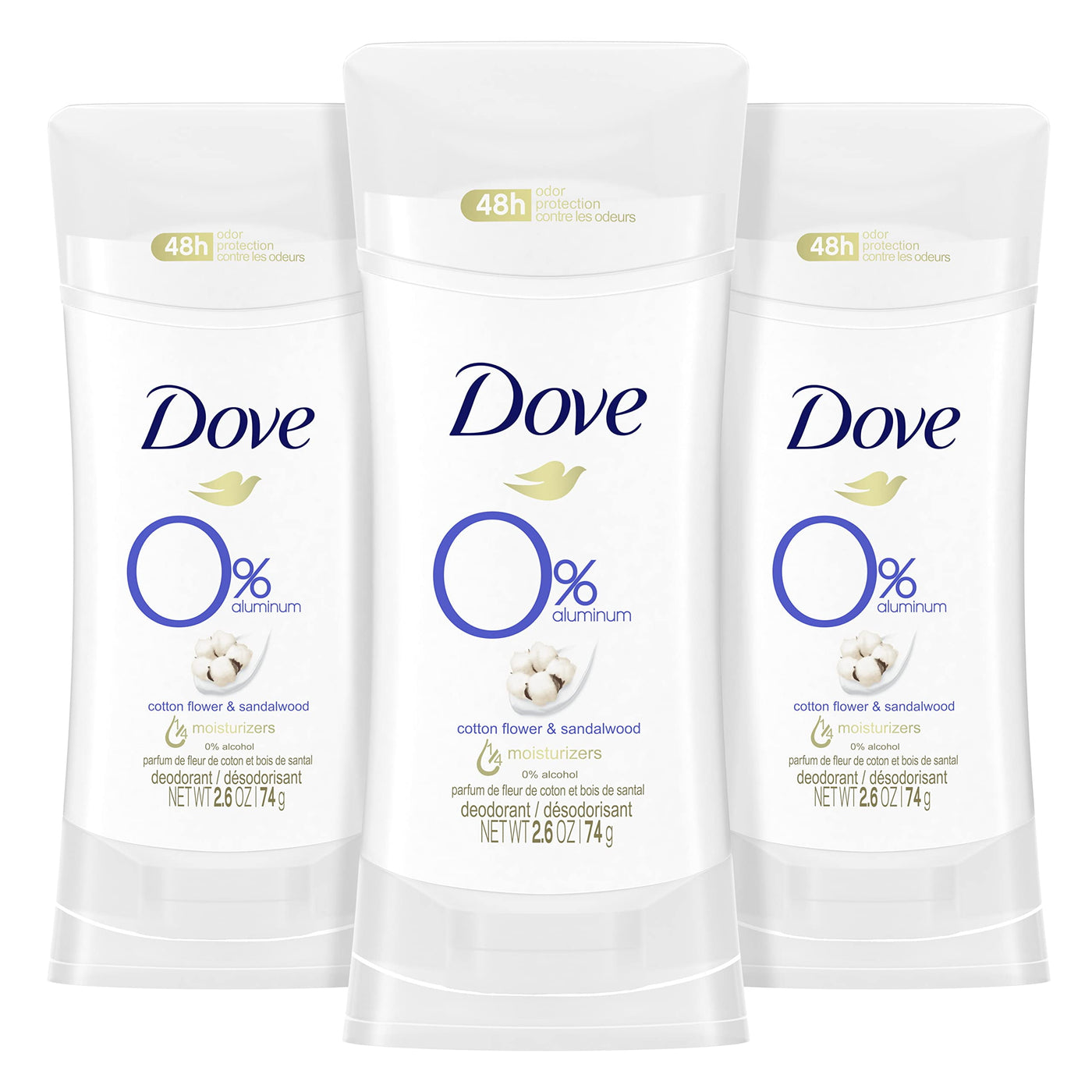 Dove 0% Aluminum Deodorant Stick Cotton Flower & Sandalwood 3 Count For 48-Hour Odor Protection Aluminum Free Deodorant 2.6Oz.