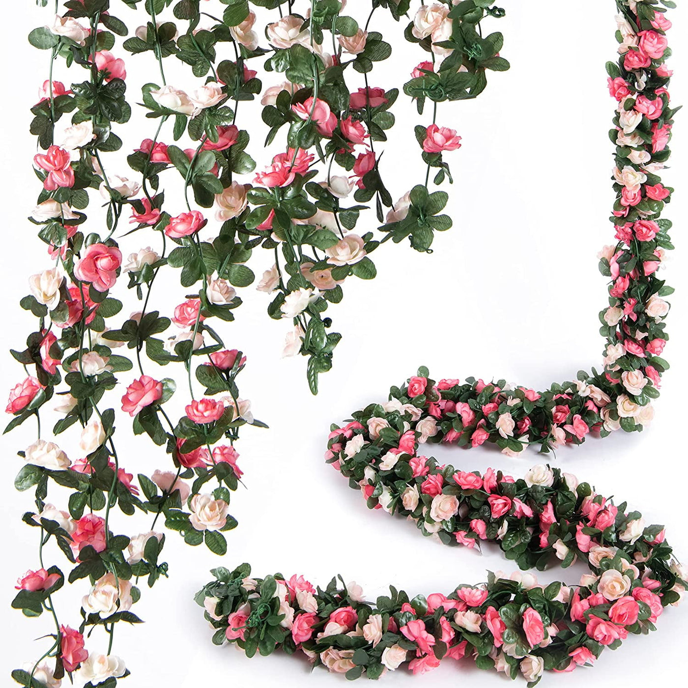 8 Pcs 66FT Flower Garland, Artificial Rose Vine Flowers with Green Leaves Hanging for Room, Anniversary Wedding Birthday Christmas Wall Arch Decor, Spring Pink Flower