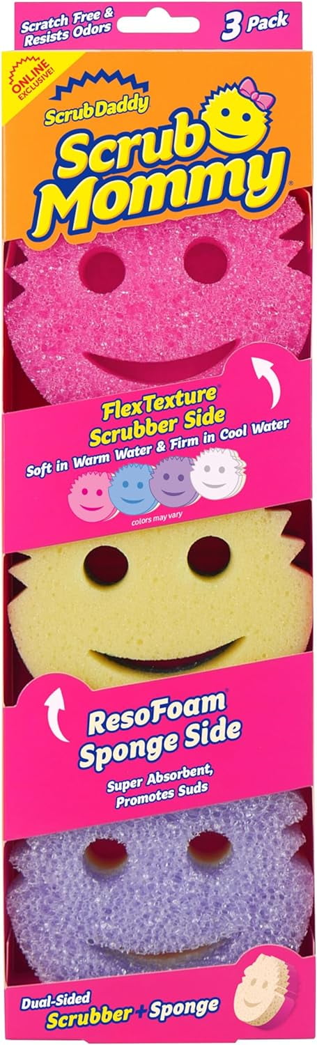 Scrub Daddy Scrub Mommy - Dish Scrubber + Non-Scratch Cleaning Sponges Kitchen, Bathroom + Multi-Surface Safe - Dual-Sided Dish Sponges for Scrubbing + Wiping Spills (3 Count) - Online Exclusive