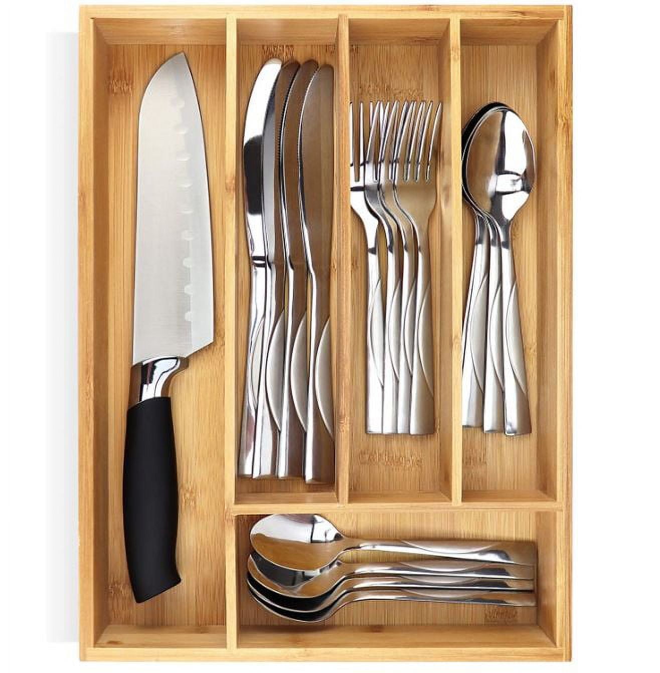 Pristine Bamboo Silverware Organizer – Utensil Organizer for Kitchen Drawers, Natural, 5 Slots