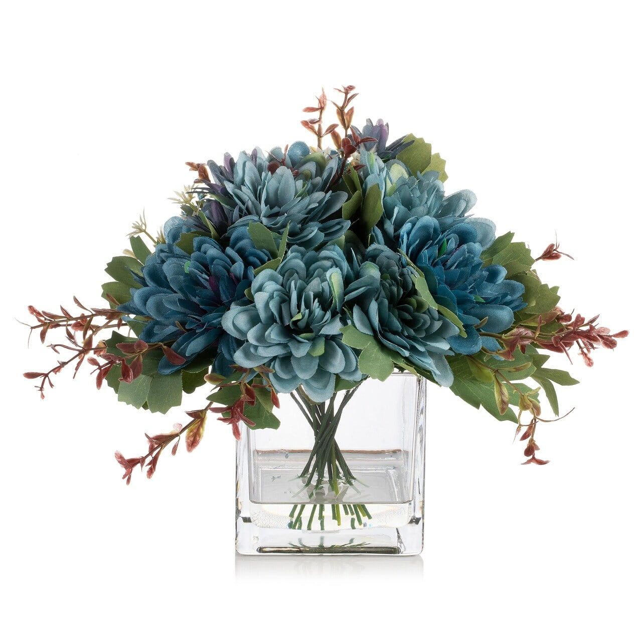 Enova Home Mixed Artificial Daisy Floral Arrangements Table Centerpieces for Dining Room Silk Daisy in Glass Vase with Faux Water Blue