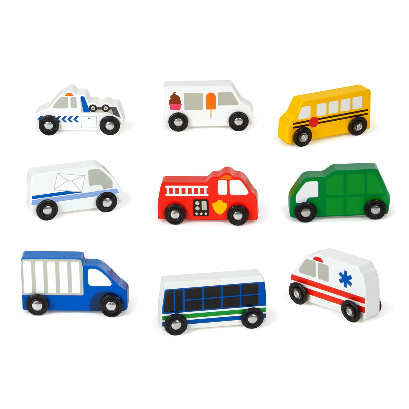 Melissa & Doug Wooden Town Vehicles Set in Wooden Tray (9 pcs)